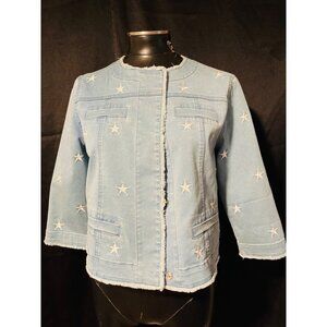 Lulu B Women's Frayed Jean Jacket Blue Stars Cropped Snap Button Relaxed Small